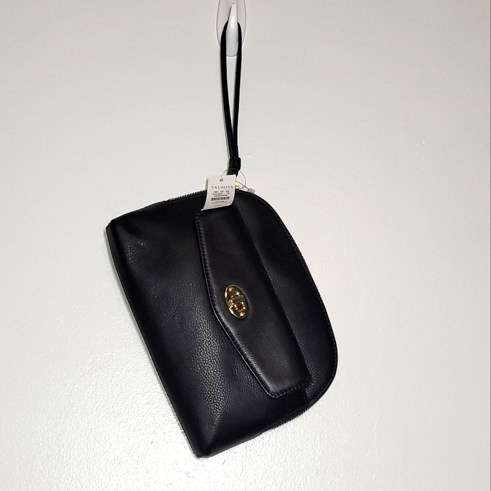 New Talbots Black Pebbled Leather Wristlet Purse - Picture 2 of 10